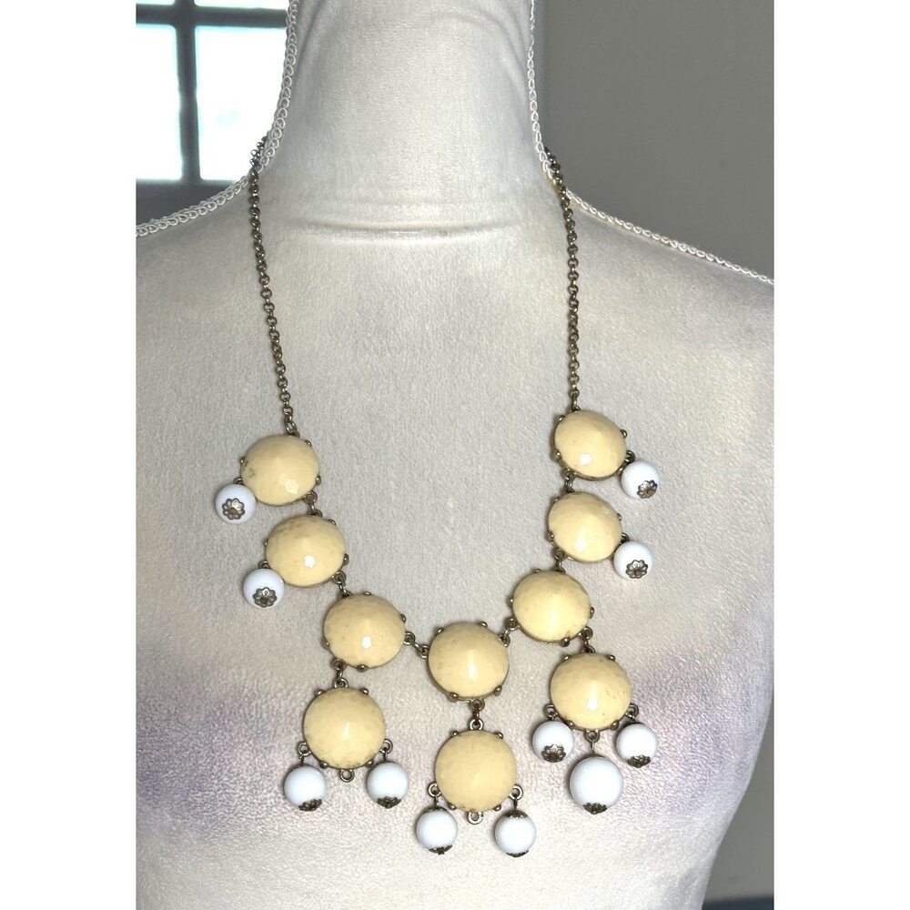 Vintage Statement Necklace Cream Faceted Beads White Drops Bib Adjustable 24"